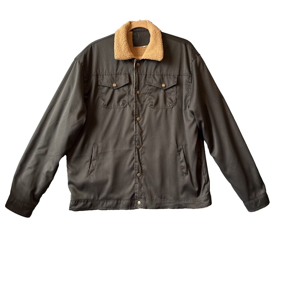 Trucker Lightweight Fleece Lined Full Snap Jacket L Gray Camel Bomber Workwear
